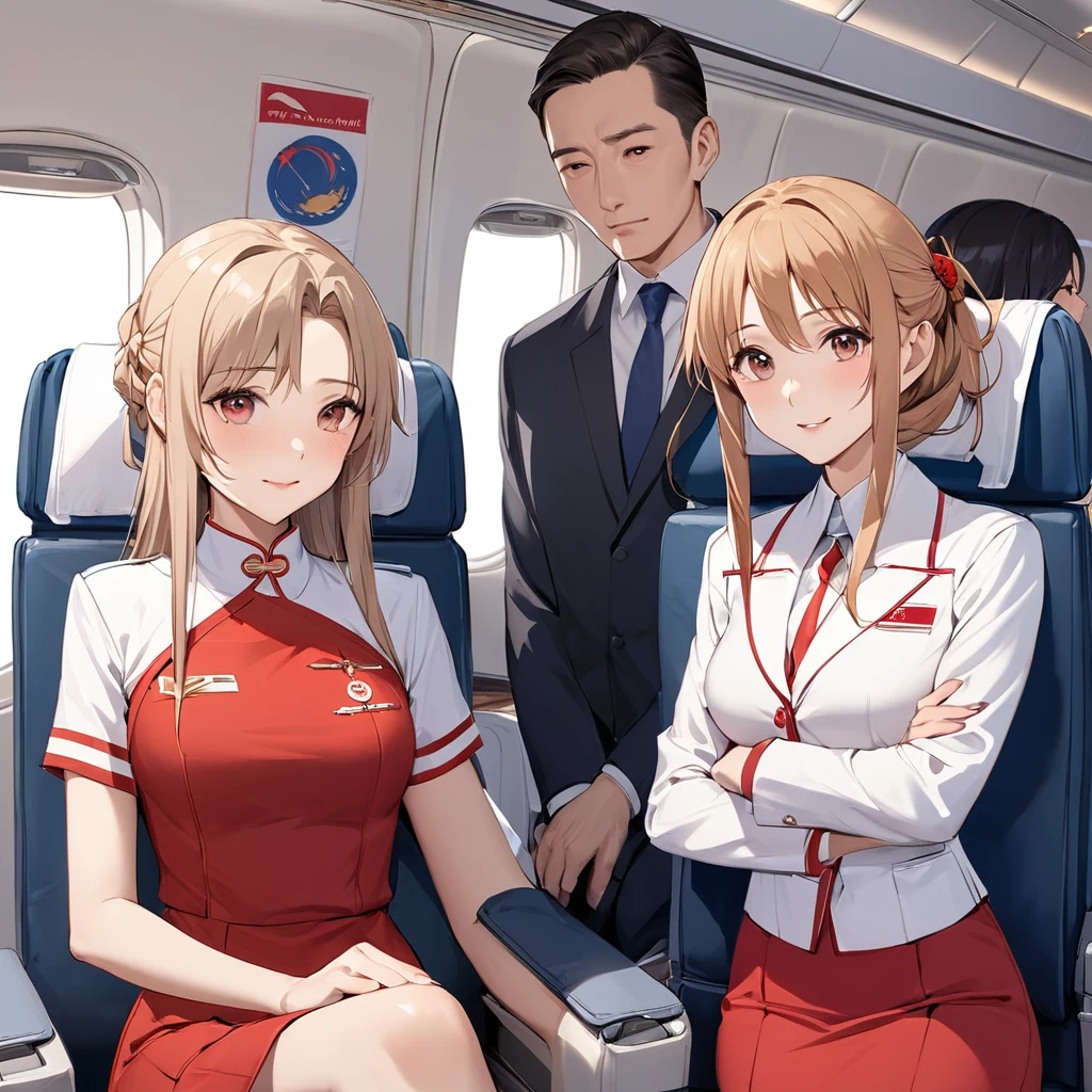 ((Highest quality)), ((masterpiece)), (detailed), (Perfect Face)、The woman is a Chinese flight attendant for Air China, named Yuuki Asuna, with light brown, medium-long hair.、The woman is wearing the red uniform of an Air China flight attendant.、The woman is an honorable special flight attendant reserved for members of the Chinese Communist Party.、The woman was a first-class passenger, a dignified elderly man who was a member of the Chinese Communist Party and was serving him privately, sitting next to him and entertaining him.、A man and a woman alone in the first class cabin