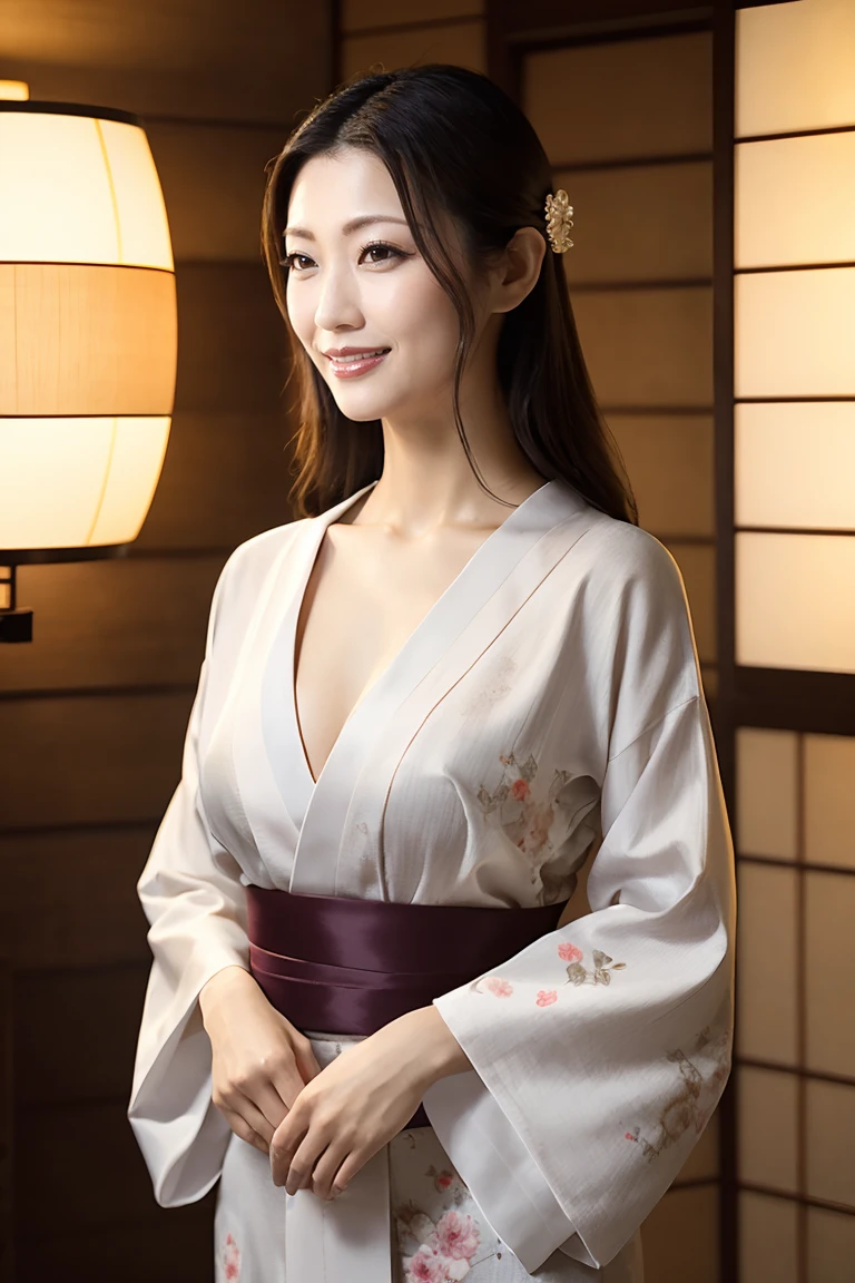 (Highest quality、Tabletop、8k、Best image quality、Award-winning works)、(One beautiful mature woman:1.1)、(Wrinkled aged face:1.2)、Adult face、(Innkeeper:1.1)、(Elegant floral kimono:1.2)、(Kimono that exposes the chest:1.3)、(Cleavage:1.5)、(Open chest:1.3)、(Large Breasts:1.2)、(Large Breastsの谷間を露出する:1.5)、Perfect mature woman portrait photo、Glowing Skin、Standing Elegantly、(Blurred elegant and exquisite perfect Japanese style room background:1.3)、(The most natural and perfect Japanese-style room background in a luxury ryokan:1.2)、(The most moody and romantic:1.2)、(Tyndall effect:1.1)、Spectacular Cinema Lighting、(The moodiest warm lighting:1.1)、Glowing White Skin、Very white skin、(Accentuate your body lines:1.1)、(The most graceful posture:1.2)、A perfect smile、Perfect beautiful glossy lips、(Accurate anatomy:1.1)、(A perfect and elegant outfit:1.1)、(Standing with good posture:1.1)、(Face close-up:1.1)