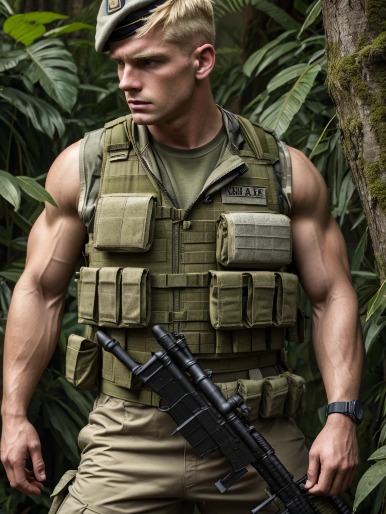 American soldier, Ultra muscular American in the style of the 60s., very masculine british face, angry expression, very short blonde hair, olive green camouflage military uniform, military t-shirt, military cap, bulletproof vest, Carry a sniper rifle, is in an ultra detailed jungle, ultra detailed, Hyper realist, 4k, ultra detailed image, realist, Very detailed, perfect composition, beautiful intricately detailed incredibly detailed, Artistic photography in 8K, hyper detailed, masterpiece