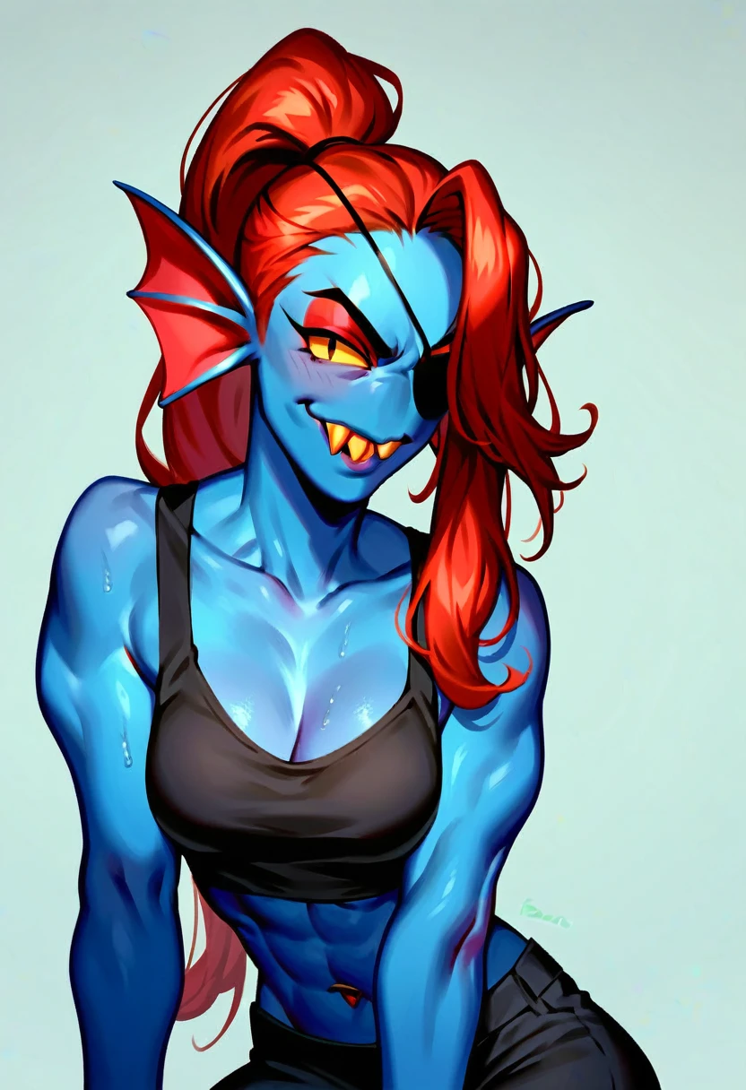 score_9,score_8_up,score_7_up, kemono style, undyne from undertale, grinning, sharp yellow teeth, eyepatch, black eyes, yellow sclera, hourglass figure, tall, abs, grinning, laughing, naked, cowgirl position sex, she is roughly riding faceless males cock, impact lines, on a bed, simple background, male is cropped out, ahegao, Birds Eye view, from above, 