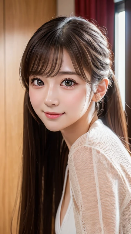 masterpiece, Highest quality, 8k, Blushed, (Upper Body:1.4), White camisole, beautiful girl, Cute Face, Looking at the audience, smile, High resolution, photo shoot, High resolution, chromatic aberration, Sharp focus, High resolution, Face Light, Dynamic Lighting, Cinema Lighting, Professional Shadow, Most detailed, Very detailed, Very detailedな, finely, Real Skin, Delicate features, Detailed face and eyes, Sharp pupils, Small breasts、23 years old、Hotel、twintails、sheer、cardigan
