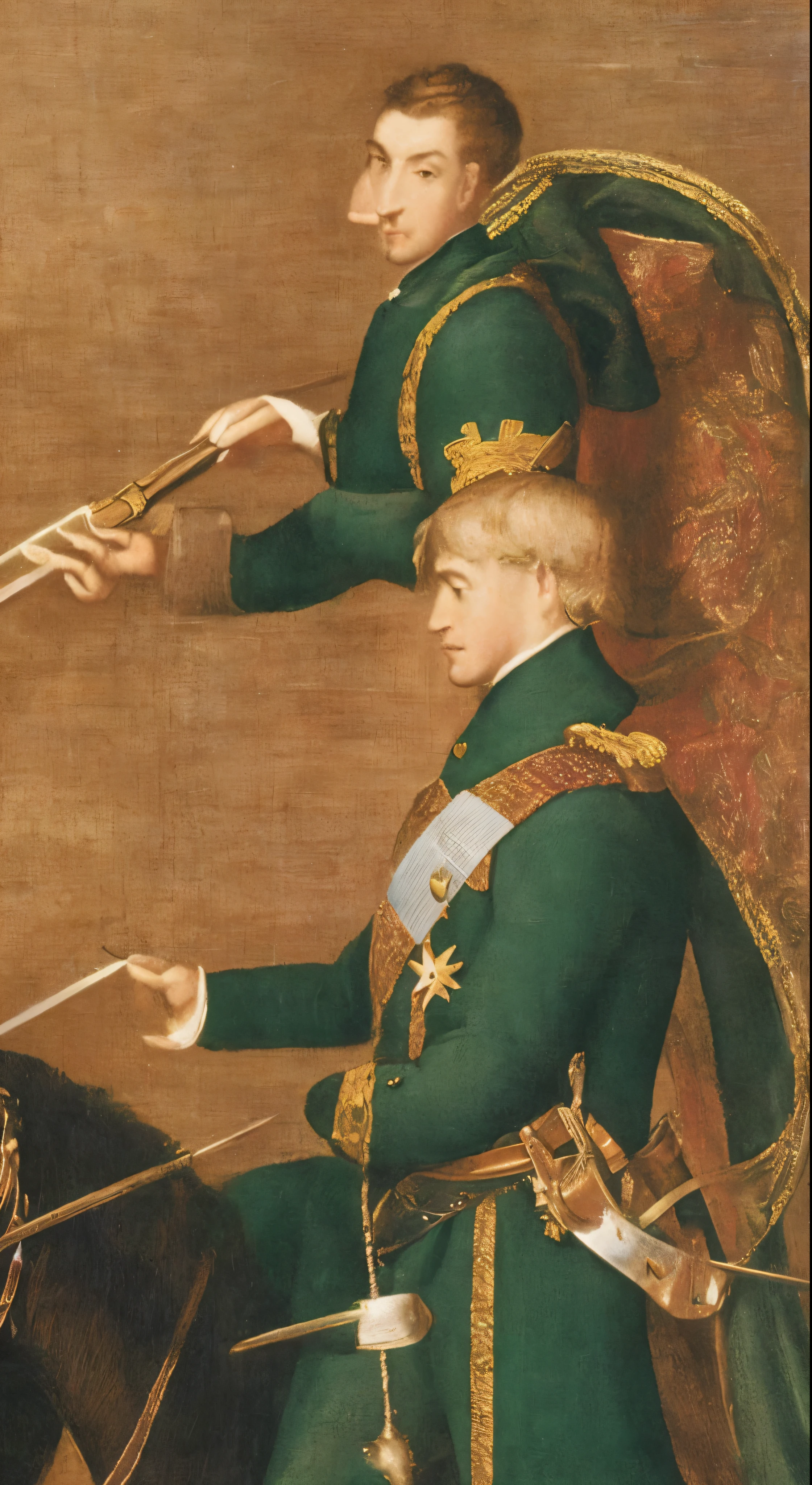 Niels Visser is、With golden blonde hair、Wearing a moss green medieval military uniform、The prince is looking straight ahead with his piercing emerald green gaze.。A full body with a sword stuck in his waist