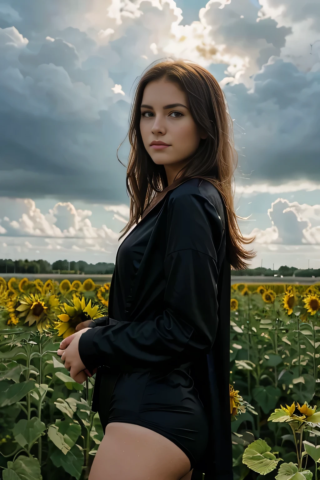 Brunette in black one piece in field of sunflowers with cloudy sky, blonde, 21 years old, slight smile