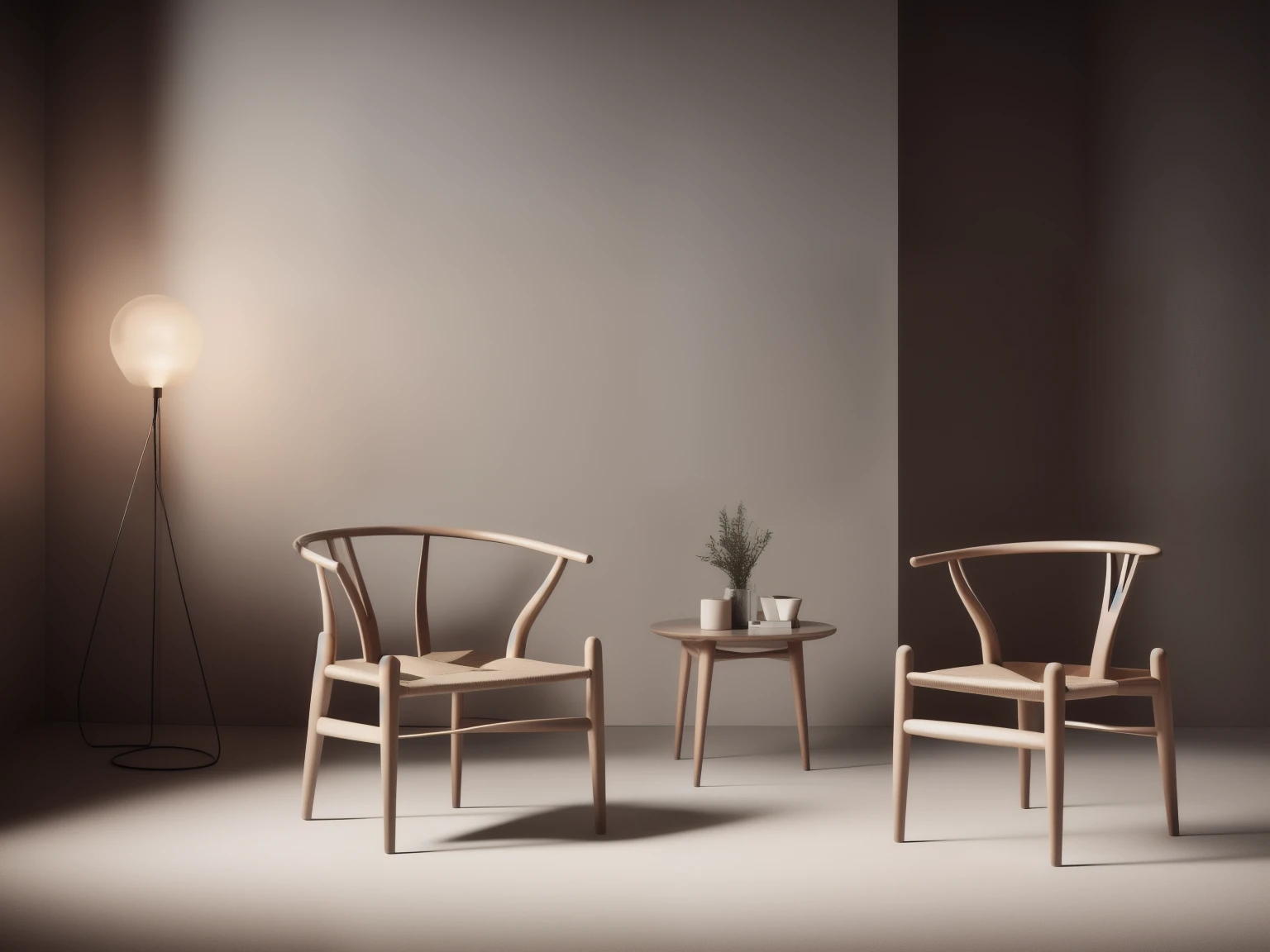 create a photorealistic image showcasing the timeless elegance of the wegner wishbone chair, Use a Leica Q2 with a fixed Summilux 28mm f/1.7 lens to capture the chair's iconic Y-back design and the natural wood finish., position the chair in a well-lit studio with a minimalist aesthetic, allowing the morning light to accentuate its curves and shadows, backdrop should be a subtle beige to complement the chair's warm tones, 32K UHD resolution with many details, ensuring the image communicates the chair's status as a beloved staple of modern interior design