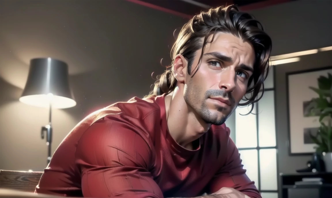 "((highly detailed, detailed eyes, detailed face, clear and realistic facial features, photorealistic, realistic light; cinematic)), (1 man), ((((cozy studio background)))), (((sophisticated gorgeous refined male artist))), ((37-year-old man)), ((strangely beautiful yet masculine)), ((((intense fascinated expression)))), ((seductive mood)), (((hazel brown eyes))), ((long wavy brunette hair tied half up)), (((dressed in a red shirt and jeans)))."