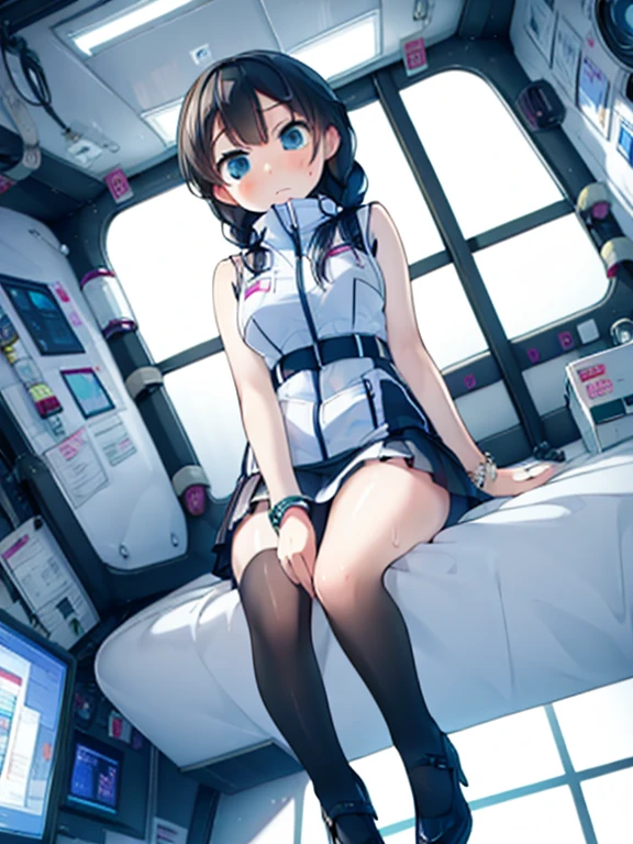 (Highest quality), (masterpiece), 1080P, High resolution, 4K, 8k, Inside the space station、Futuristic room、Thigh straps, Shooting from directly below, The woman on top of me, Nipples, 白いSweat, Covered , Sweat, Woman looking down, Skirt swimsuit, Thigh-high socks, To achieve this, 16 years old, , whole body, Black leather shoes, Braided hair, Inner Color, Embarrassed face, Short black hair, bracelet, Bedroom,celestial body_Vest