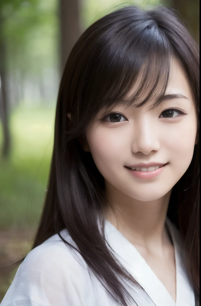 best quality, face focus, soft light, ultra high res, (photorealistic:1.4), RAW photo,(Shinozaki Ai), white skin, kawaii,
1 Japanese girl, solo, cute, (smile), (pupil, lights in the eyes), detailed beautiful face, Medium-sized breasts,(high resolution detail of human skin texture),(long hair),(portrait), upper body, white traditional kimono, in the forest,