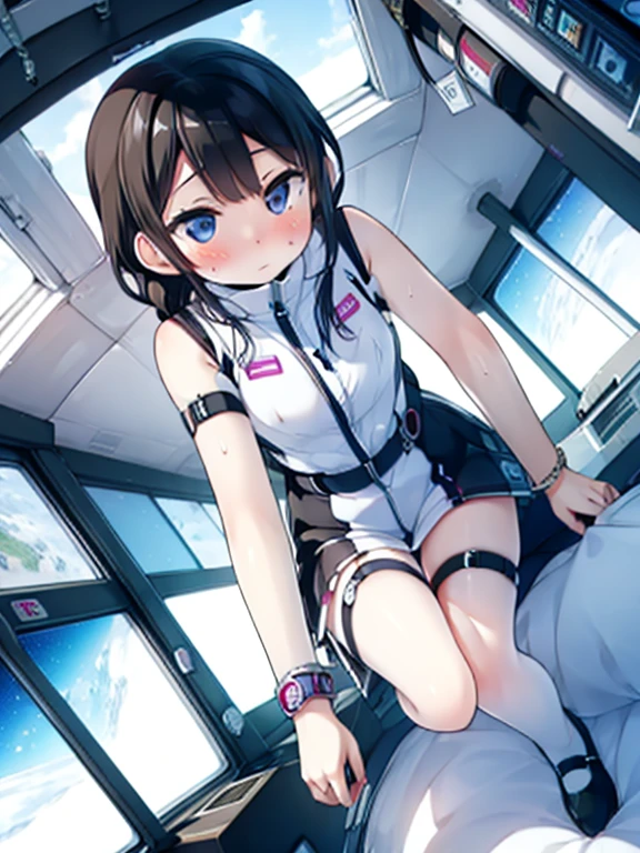(Highest quality), (masterpiece), 1080P, High resolution, 4K, 8k, Inside the space station、Futuristic room、Thigh straps, Shooting from directly below, The woman on top of me, Nipples, 白いSweat, Covered , Sweat, Woman looking down, Skirt swimsuit, Thigh-high socks, To achieve this, , , whole body, Black leather shoes, Braided hair, Inner Color, Embarrassed face, Short black hair, bracelet, Bedroom,celestial body_Vest