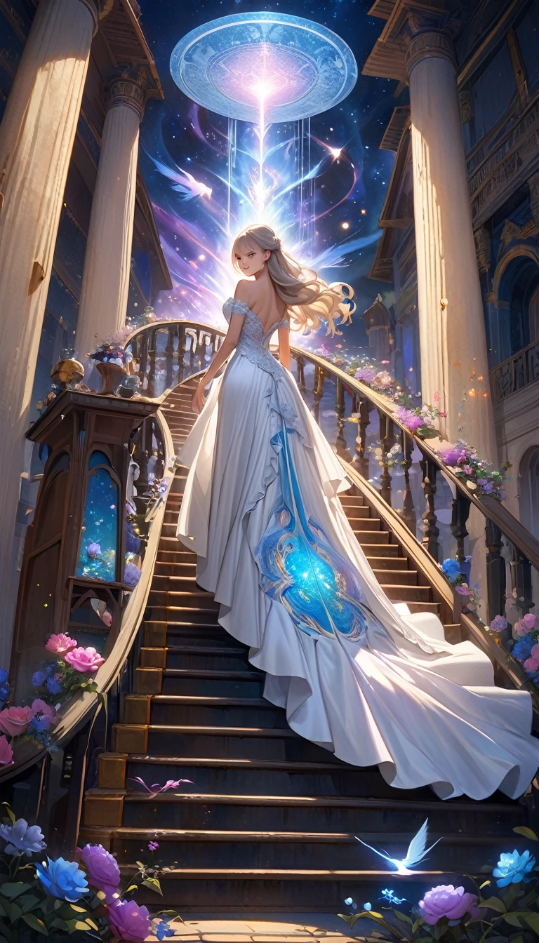 8k resolution, masterpiece, Highest quality, Award-winning works, unrealistic, Final Fantasy, Royal Jewel,Photorealistic paintings by Midjourney and Greg Rutkowski, , elegant, Very detailed, Delicate depiction of hair, Miniature Painting, Digital Painting, Art Station, Concept Art, Smooth, Sharp focus, shape, nature, A Thousand Nights and One Nights, A strip of light pouring down from the sky, A pillar of light stretching into the sky, Complex colors, Buddhist Mandala, Colorful magic circle, flash, Large spiral staircase, Mysterious Background, Aura, A gentle gaze, BREAK, Small faint lights and flying fireflies, night, lanthanum, royal palace, Starry Sky, milky way, nebula, shooting star, Flowers, birds, wind and moon, Rear view, erotic, Only sexy women, healthy body, Anatomically accurate skeleton, 22 years old, bride, (Climbing the stairs, Rear view, Looking back towards the camera:1.6), Height: 170cm, huge bouncing busts,, Silvery long wavy hair, Detailed facial depiction, BREAK, Mysterious blue eyes, Standard nose, eyeliner, Pink Lips, Sexy long legs, Clear, glowing skin, bride, Sexy long silk wedding dress with gothic ruffles, Extra long cape, A dress with a complex structure, Pure white dress,, royal coat of arms, ,, dynamic sexy pose, A kind smile,