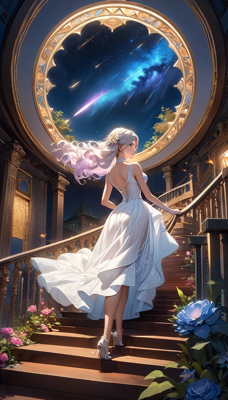 8k resolution, masterpiece, Highest quality, Award-winning works, unrealistic, Final Fantasy, Royal Jewel,Photorealistic paintings by Midjourney and Greg Rutkowski, , elegant, Very detailed, Delicate depiction of hair, Miniature Painting, Digital Painting, Art Station, Concept Art, Smooth, Sharp focus, shape, nature, A Thousand Nights and One Nights, A strip of light pouring down from the sky, A pillar of light stretching into the sky, Complex colors, Buddhist Mandala, Colorful magic circle, flash, Large spiral staircase, Mysterious Background, Aura, A gentle gaze, BREAK, Small faint lights and flying fireflies, night, lanthanum, royal palace, Starry Sky, milky way, nebula, shooting star, Flowers, birds, wind and moon, Rear view, erotic, Only sexy women, healthy body, Anatomically accurate skeleton, 22 years old, bride, (Climbing the stairs, Rear view, Looking back towards the camera:1.6), Height: 170cm, huge bouncing busts,, Silvery long wavy hair, Detailed facial depiction, BREAK, Mysterious blue eyes, Standard nose, eyeliner, Pink Lips, Sexy long legs, Clear, glowing skin, bride, Sexy long silk wedding dress with gothic ruffles, Extra long cape, A dress with a complex structure, Pure white dress,, royal coat of arms, ,, dynamic sexy pose, A kind smile,