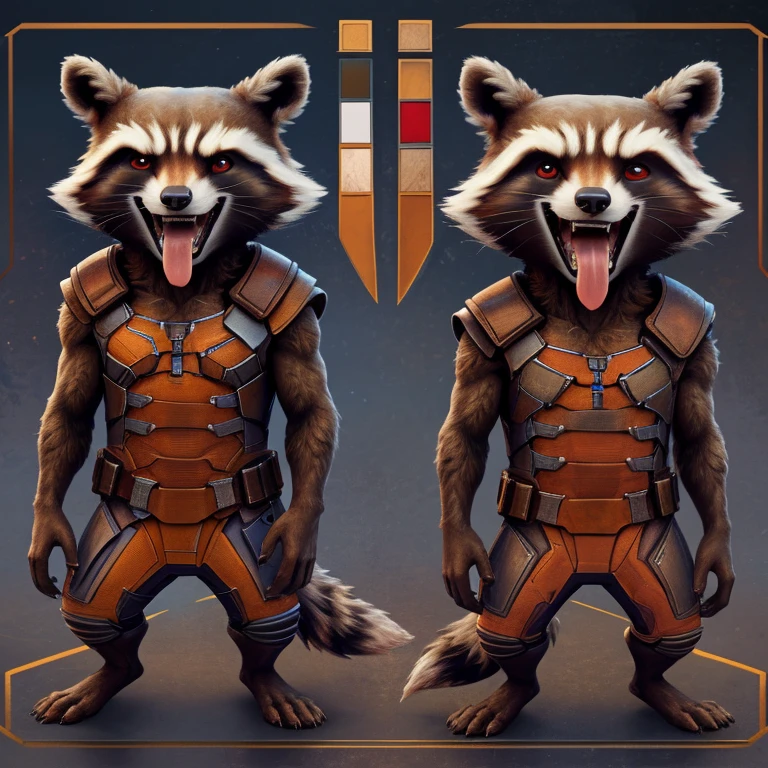 Rocket Raccoon (Guardians of the Galaxy 2014), Marvel Studios, CGI, Looking at viewer, Open Mouth, Tongue Out, Long Tongue, Wide-Eyed, Anatomically Correct, Seductive Smile, Raised Eyebrow, Oral Invitation, Simple background, Multiple Views, Full Shot, Character Sheet Full-Length, Character Design, Illustration, High Resolution, Super Detailed, Textured Skin