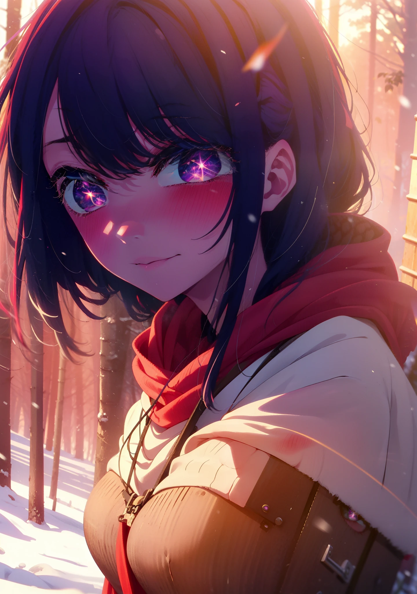 aihoshino, Ai Hoshino, Long Hair, bangs, (Purple eyes:1.1), Purple Hair, (Symbol-shaped pupil:1.5), smile,,smile,blush,white breath,
Open your mouth,snow,Ground bonfire, Outdoor, boots, snowing, From the side, wood, suitcase, Cape, Blurred, , forest, White handbag, nature, Squat, Mouth closed, Cape, winter, Written boundary depth, Black shoes, red Cape break looking at viewer, Upper Body, whole body, break Outdoor, forest, nature, break (masterpiece:1.2), Highest quality, High resolution, unity 8k wallpaper, (shape:0.8), (Beautiful and beautiful eyes:1.6), Highly detailed face, Perfect lighting, Extremely detailed CG, (Perfect hands, Perfect Anatomy),