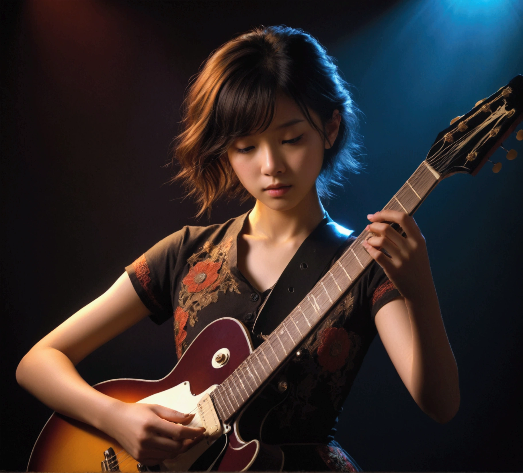 One girl, guitarist, エレキギターを弾くguitarist, Detailed facial features, Intricate guitar details, Dramatic lighting, Gloomy atmosphere, Structure of the film, oil, Vibrant colors, Dramatic Shadows, Accomplished musician, intense expression, Dynamic pose, Studio settings, Professional Quality, masterpiece, Highest quality, so beautiful, Absurd