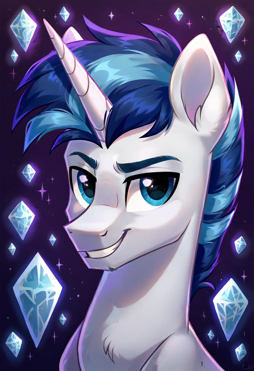 rating_safe, score_9, source_pony, Ice white stallion with a long dark blue mane, smile, portrait