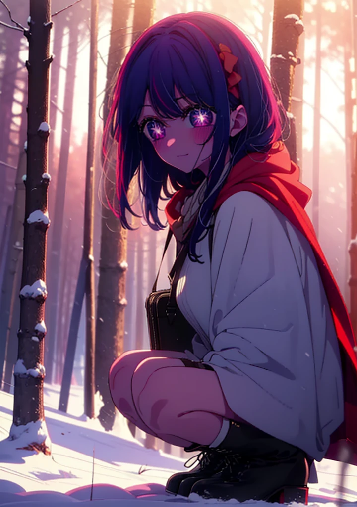 aihoshino, Ai Hoshino, Long Hair, bangs, (Purple eyes:1.1), Purple Hair, (Symbol-shaped pupil:1.5), smile,,smile,blush,white breath,
Open your mouth,snow,Ground bonfire, Outdoor, boots, snowing, From the side, wood, suitcase, Cape, Blurred, , forest, White handbag, nature, Squat, Mouth closed, Cape, winter, Written boundary depth, Black shoes, red Cape break looking at viewer, Upper Body, whole body, break Outdoor, forest, nature, break (masterpiece:1.2), Highest quality, High resolution, unity 8k wallpaper, (shape:0.8), (Beautiful and beautiful eyes:1.6), Highly detailed face, Perfect lighting, Extremely detailed CG, (Perfect hands, Perfect Anatomy),