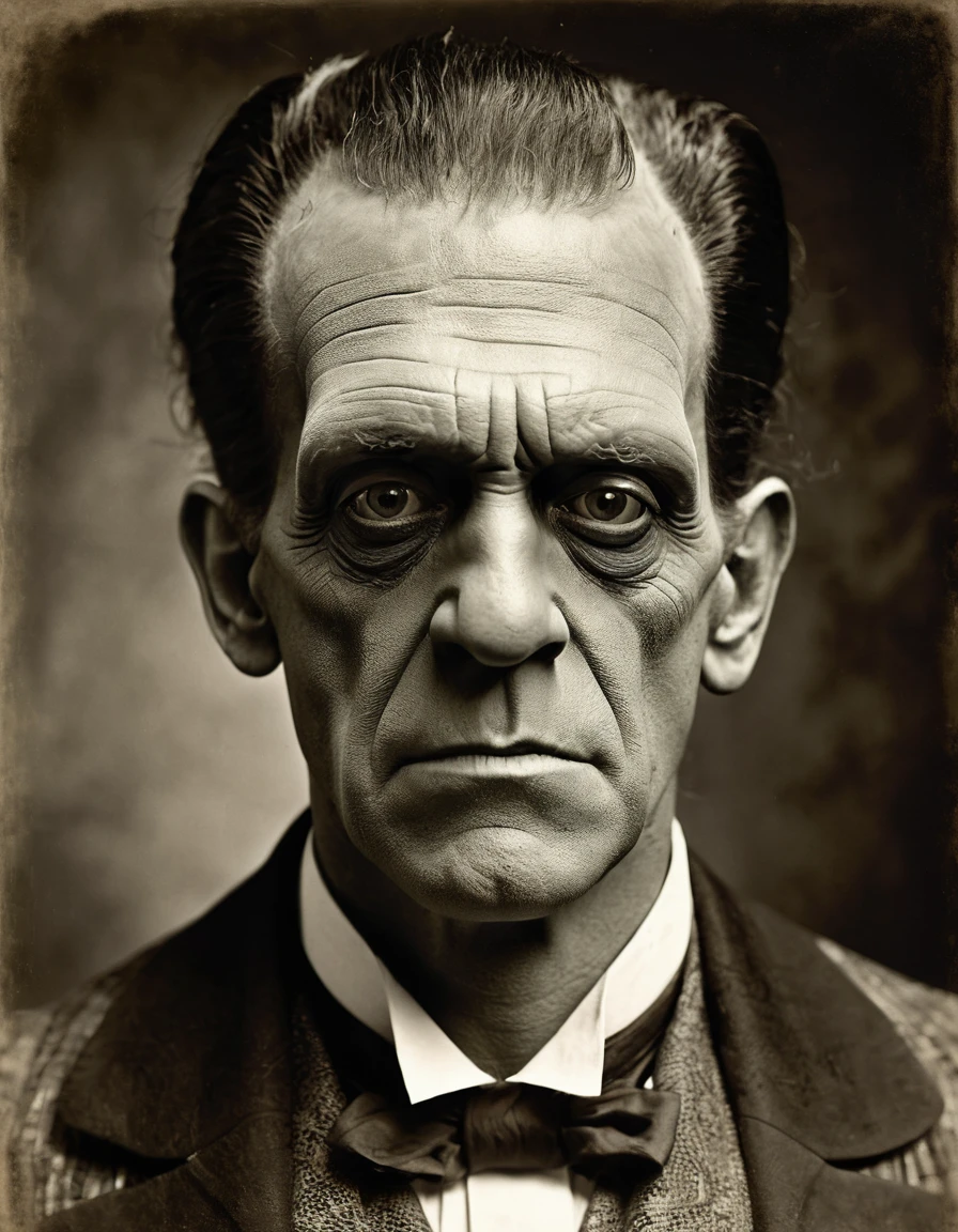 A highly detailed Victorian-style full-length portrait of a frightening Frankenstein-like man with exaggerated facial features, tom sepia, early 1900s style, photorrealistic, high resolution, 