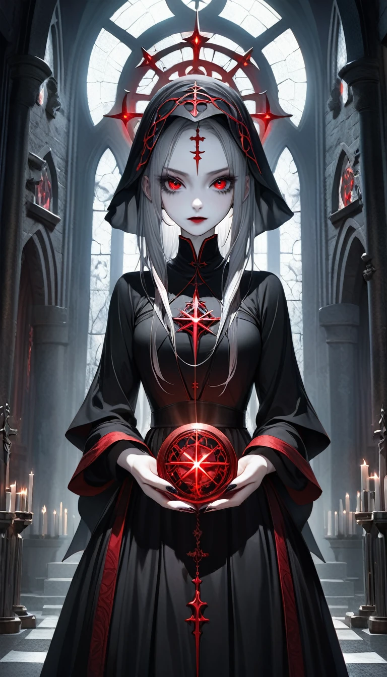 Create an image set with a photorealistic dark chapel, Illuminated only by moonlight, Featuring an anime-style girl character as the central character. She is portrayed as an evil guru., She is wearing a jet black dress with a striking black veil., Pale skin, And long black nails. Her eyes are bright red, Adding to her eerie presence. Pagan God々Surround her with symbols of, Integrating them into the dark chapel environment. The contrast between the realistic chapel and the stylized anime girl should be striking., Emphasizing the integration of various artistic mediums.