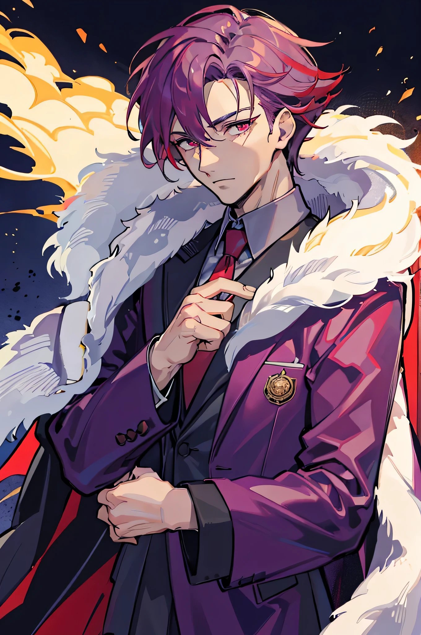 A close up of a handsome man, he has red purple eyes and hair, he wears elegant clothing, he looks at the camera as if he owns the world, the background is on fire,old man,60 years old,