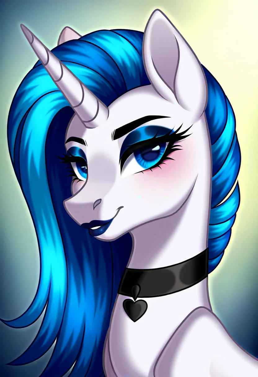 rating_safe, score_9, feral pony, white unicorn female with two-toned dark blue and light blue hair, dark blue eyes, dark blue eyeshadow, choker, sassy, eyelashes, bust, looking at you, dark blue lipstick