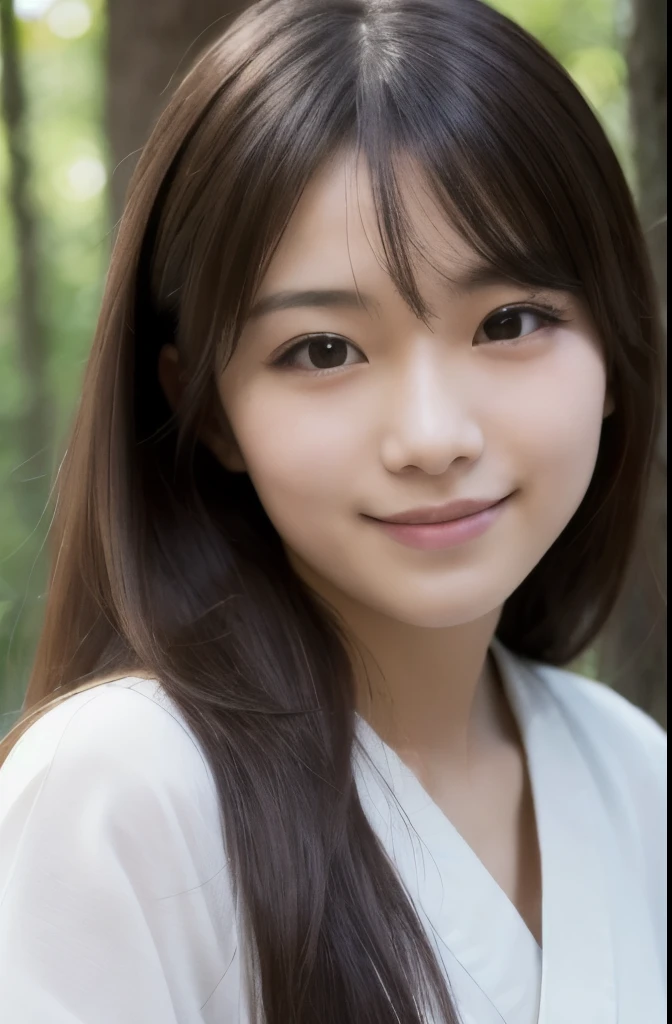 best quality, face focus, soft light, ultra high res, (photorealistic:1.4), RAW photo,(Shinozaki Ai), white skin, kawaii,
1 Japanese girl, solo, cute, (smile), (pupil, lights in the eyes),  detailed beautiful face, Medium-sized breasts,(high resolution detail of human skin texture),(long hair),(portrait), upper body, white traditional kimono, in the forest,
