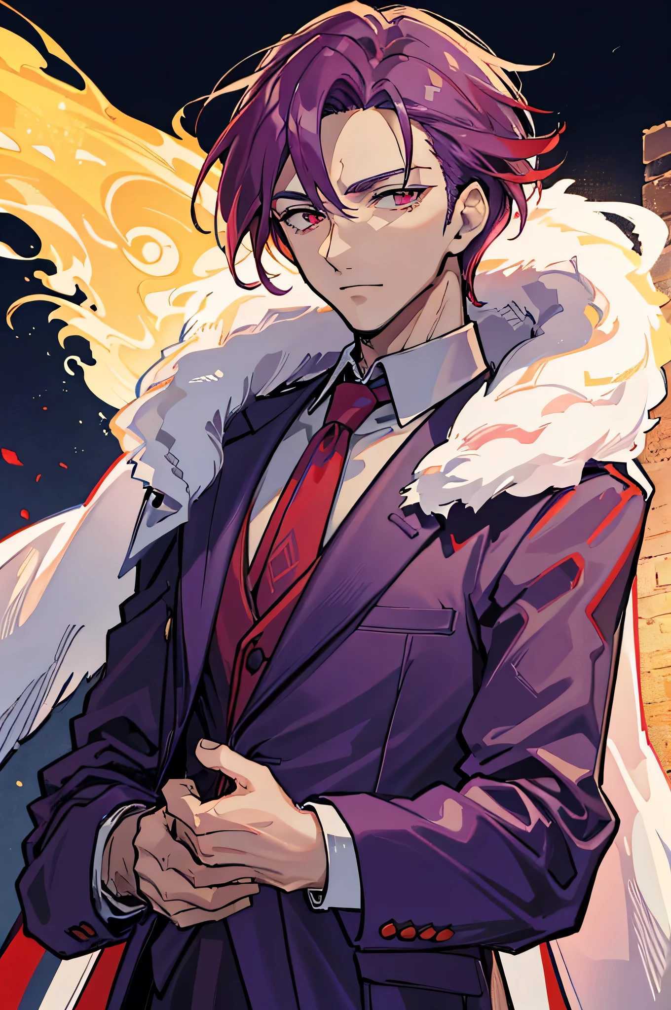 A close up of a handsome man, he has red purple eyes and hair, he wears elegant clothing, he looks at the camera as if he owns the world, the background is on fire,old man,60 years old,