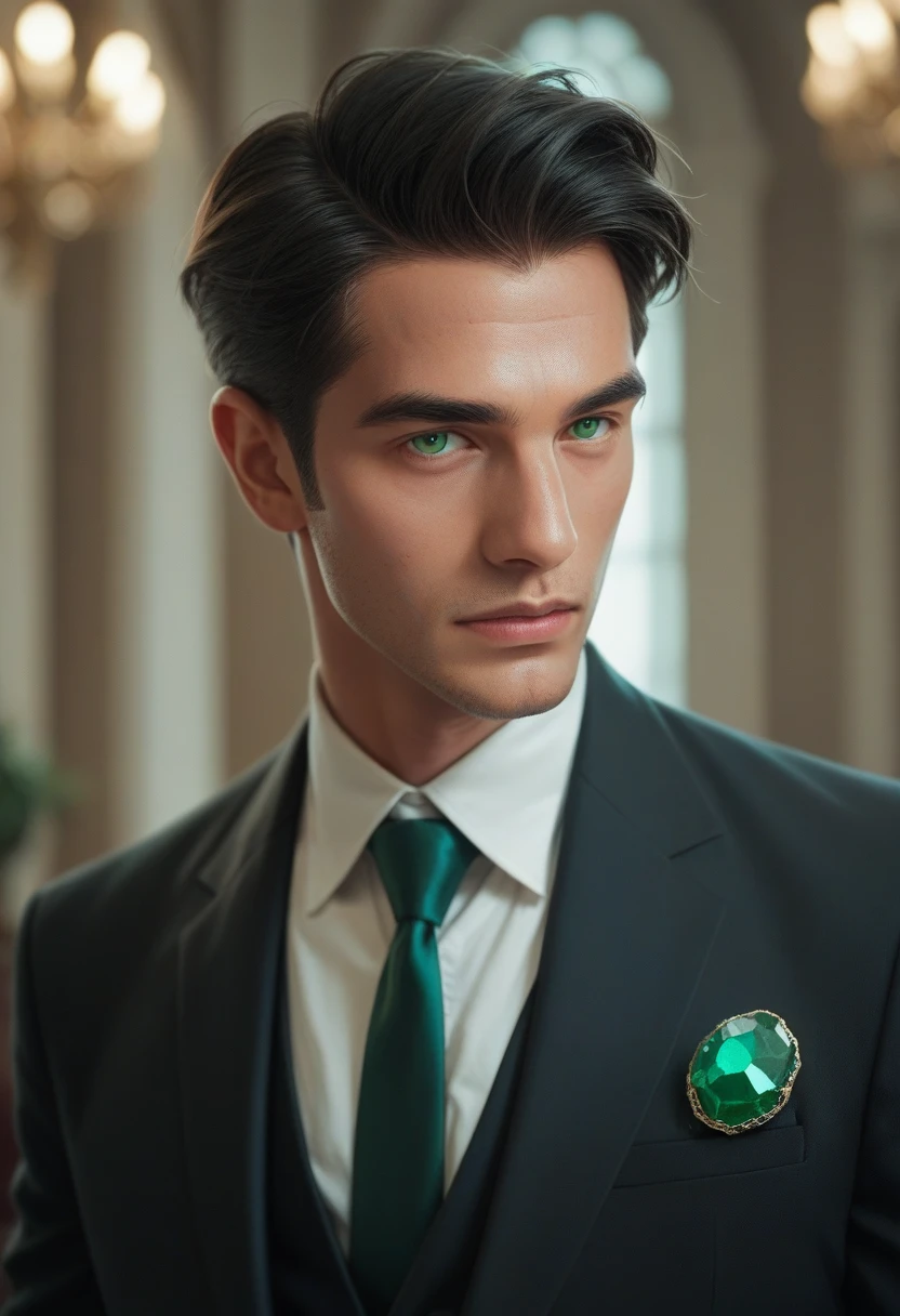 Businessman and powerful aura with black hair emerald green eyes porcelain skin wide back and carved body dressed in formal black suit 