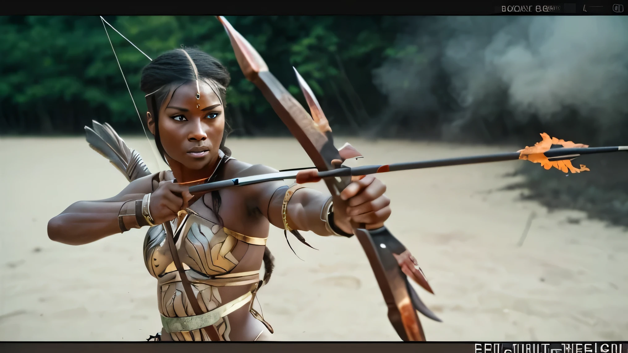 Beautiful dark-skinned Amazon warrior woman, shooting a flaming arrow
