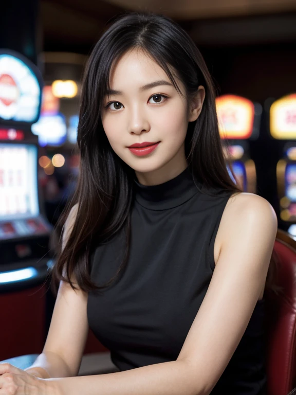 a nihilistic out look on life, have an unfeeling smile, front view, 1 girl, mature female, solo ,beautiful face, Japanese girl , play gamble, in casino, skill is master ,No 1 of Hong Kong, (masterpiece, Highest quality, masterpiece, God-like quality, Godly art, Very realistic)