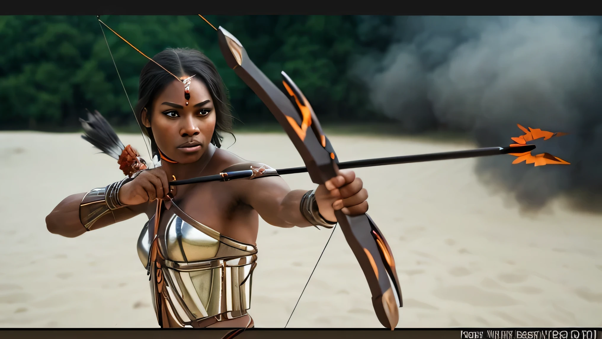 Beautiful dark-skinned Amazon warrior woman, shooting a flaming arrow