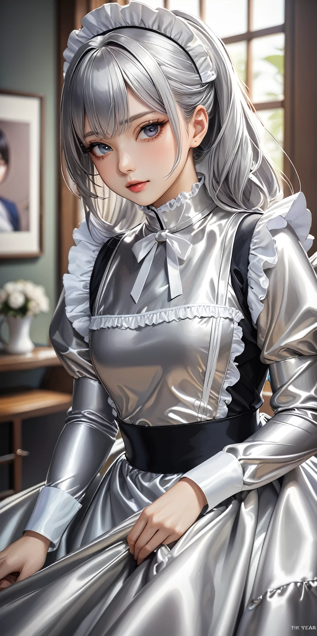Portraiture、(masterpiece,Highest quality,Ultra-high resolution),Japanese women, (((Two very beautiful 25 year old girls)))、Both of them are wearing shiny, pale silver satin long sleeve maid outfits...、The dress is made of shiny satin.、'Don't expose your skin..、The skirt is a long skirt with frills.、Satin Gloves、((Satin bodysuit))、Bright room、They are sitting side by side on the bed