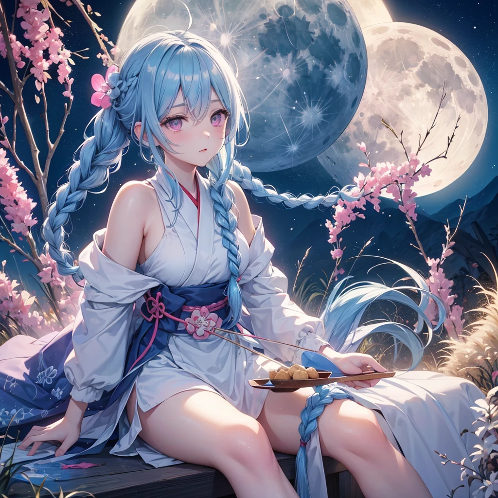 Sky blue hair, (Braided medium hair:1.2), Pink eyes,Fair skin ,(whole body),(One Girl),(White sweet dumplings ),White round dumplings,Japanese pampas grass,(beautiful, Full moon shining in the night sky),(masterpiece, Highest quality, Very detailed, Best Shadow), (Detailed Background), (Beautifully detailed face), High Contrast, (Best lighting, Very delicate and beautiful), ((Cinematic Light)), colorful, Hyper Detail,8k, Dramatic Light, Intricate details,Sit and eat dumplings while watching the moon,