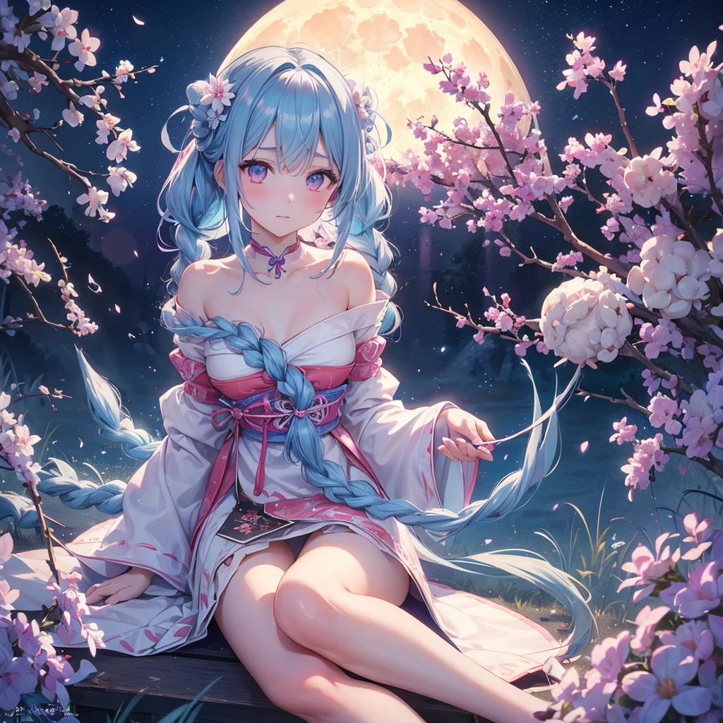 Sky blue hair, (Braided medium hair:1.2), Pink eyes,Fair skin ,(whole body),(One Girl),(White sweet dumplings ),White round dumplings,Japanese pampas grass,(beautiful, Full moon shining in the night sky),(masterpiece, Highest quality, Very detailed, Best Shadow), (Detailed Background), (Beautifully detailed face), High Contrast, (Best lighting, Very delicate and beautiful), ((Cinematic Light)), colorful, Hyper Detail,8k, Dramatic Light, Intricate details,Sit and eat dumplings while watching the moon,