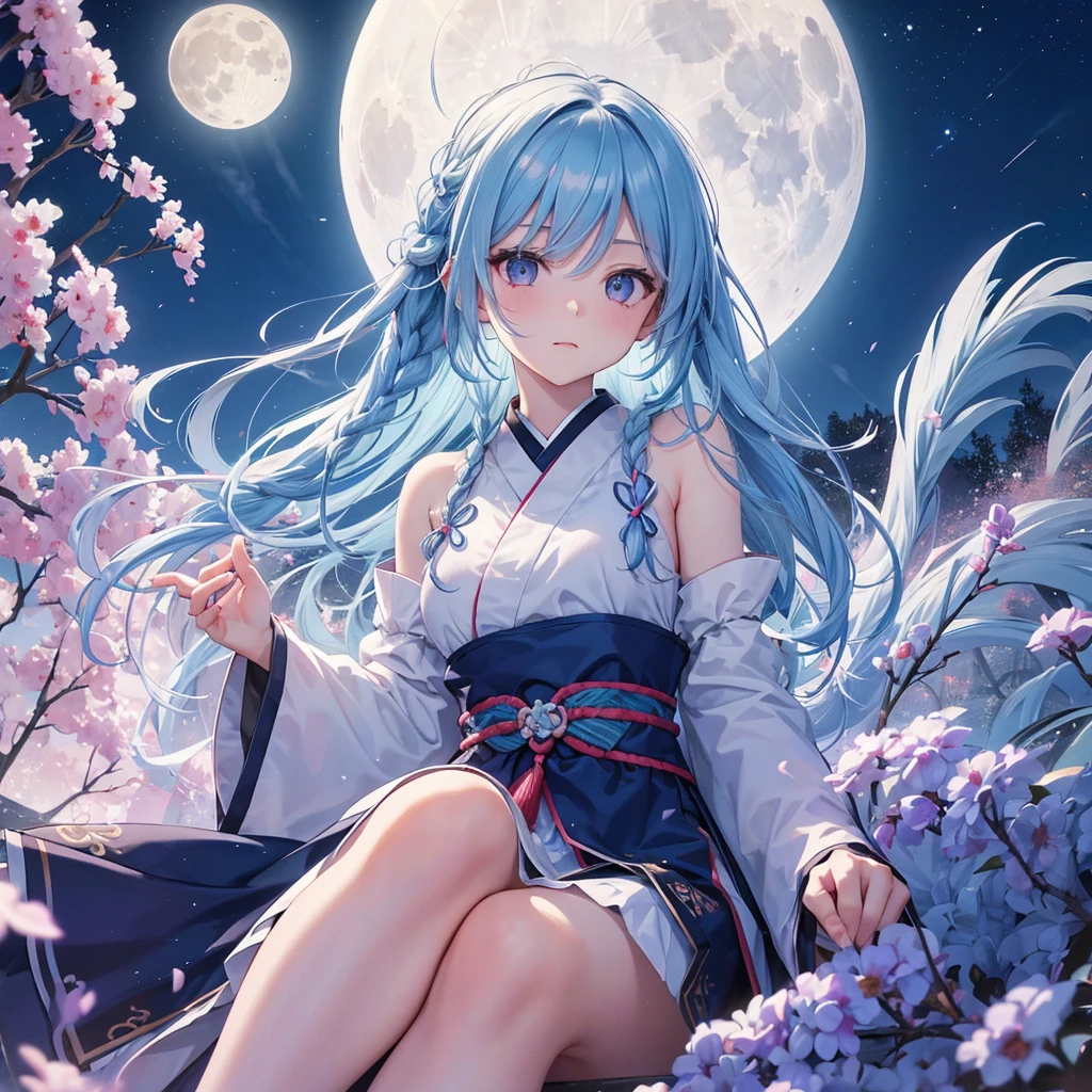 Sky blue hair, (Braided medium hair:1.2), Pink eyes,Fair skin ,(whole body),(One Girl),(White sweet dumplings ),White round dumplings,Japanese pampas grass,(beautiful, Full moon shining in the night sky),(masterpiece, Highest quality, Very detailed, Best Shadow), (Detailed Background), (Beautifully detailed face), High Contrast, (Best lighting, Very delicate and beautiful), ((Cinematic Light)), colorful, Hyper Detail,8k, Dramatic Light, Intricate details,Sit and eat dumplings while watching the moon,