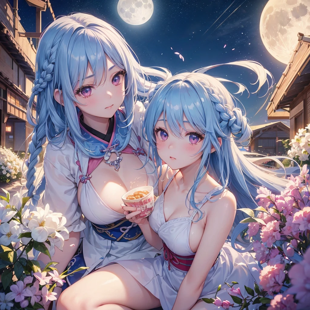 Sky blue hair, (Braided medium hair:1.2), Pink eyes,Fair skin ,(whole body),(One Girl),(White sweet dumplings ),White round dumplings,Japanese pampas grass,(beautiful, Full moon shining in the night sky),(masterpiece, Highest quality, Very detailed, Best Shadow), (Detailed Background), (Beautifully detailed face), High Contrast, (Best lighting, Very delicate and beautiful), ((Cinematic Light)), colorful, Hyper Detail,8k, Dramatic Light, Intricate details,Sit and eat dumplings while watching the moon,