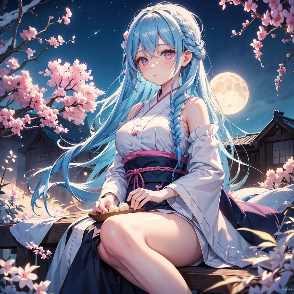 Sky blue hair, (Braided medium hair:1.2), Pink eyes,Fair skin ,(whole body),(One Girl),(White sweet dumplings ),White round dumplings,Japanese pampas grass,(beautiful, Full moon shining in the night sky),(masterpiece, Highest quality, Very detailed, Best Shadow), (Detailed Background), (Beautifully detailed face), High Contrast, (Best lighting, Very delicate and beautiful), ((Cinematic Light)), colorful, Hyper Detail,8k, Dramatic Light, Intricate details,Sit and eat dumplings while watching the moon,