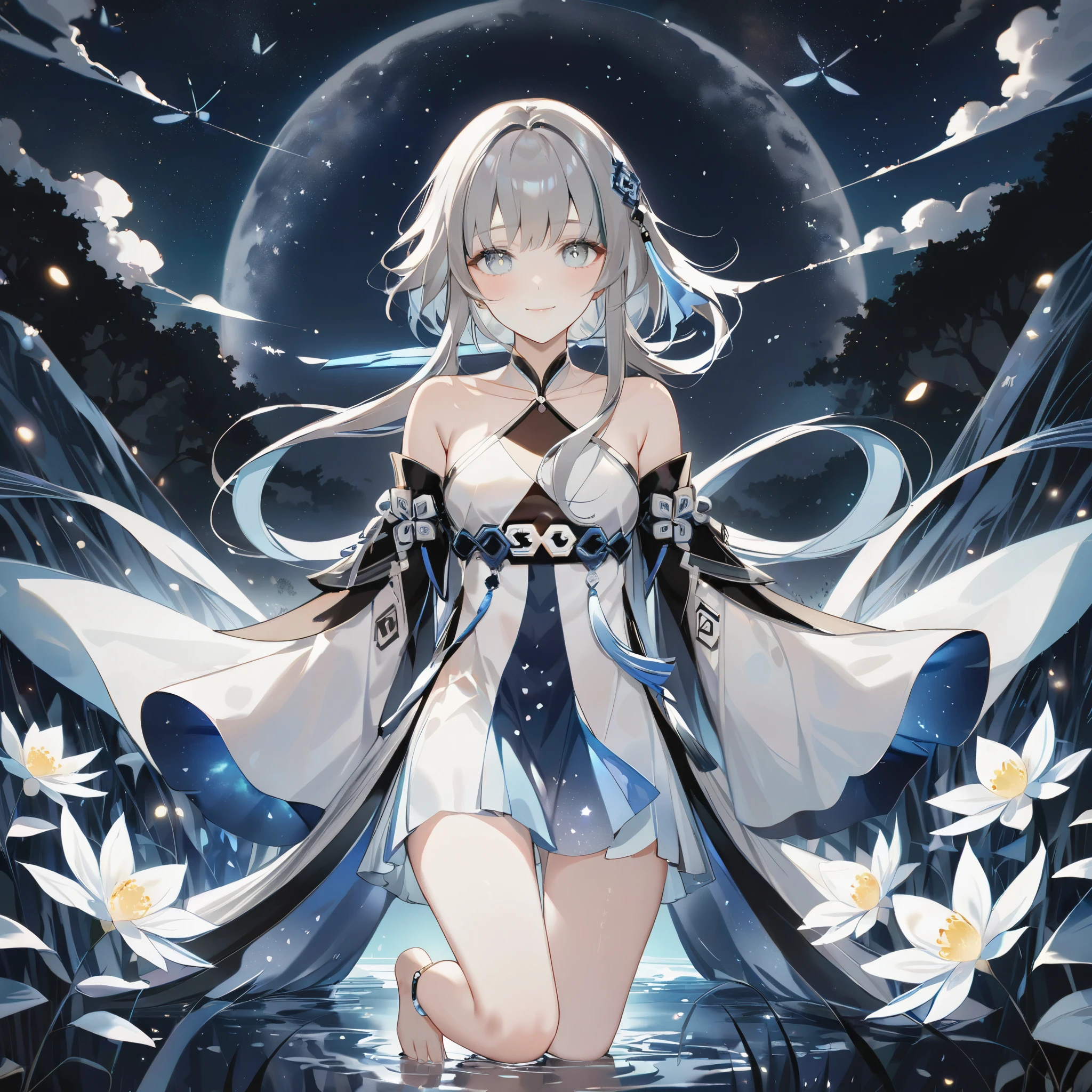 score_9, score_8_up, score_7_up, score_6_up,1girl, guizhong_\(genshin_impact\),(grey hair),short_hair_with_long_locks in front and low ponytail in back,gradient_hair,(pale grey eyes with seafoam gradient),starry_sky_print,detached_sleeves white outside blue starry inside, hands completely hidden by long sleeves,stunning field of softly glowing cerulean and white glaze lilies,night scene,gentle smile,face focus, eye focus,ladyshadow,moonlight,glossy lips,vivid anime coloring,cel shading,smooth, soft dreamy focus,anklet,halter_top,white clothes,highly detailed,digital painting,bare_shoulders,barefoot,cool night tones, magical night scene,geo crystalflies,professional,anemo colored fireflies,nebula of stardust and silvery vapor,harmonious blend of nature and art,transcendent beauty,awe-inspiring artwork,(best quality,4k,8k,highres,masterpiece:1.2),yunamaro,carnelian,dsmile,cosmic stardust,guizhong, guizhong's def clothes, 1girl, long hair, blue eyes, barefoot, guizhong's dress, hair ornament, chinese clothes, sleeves past fingers,