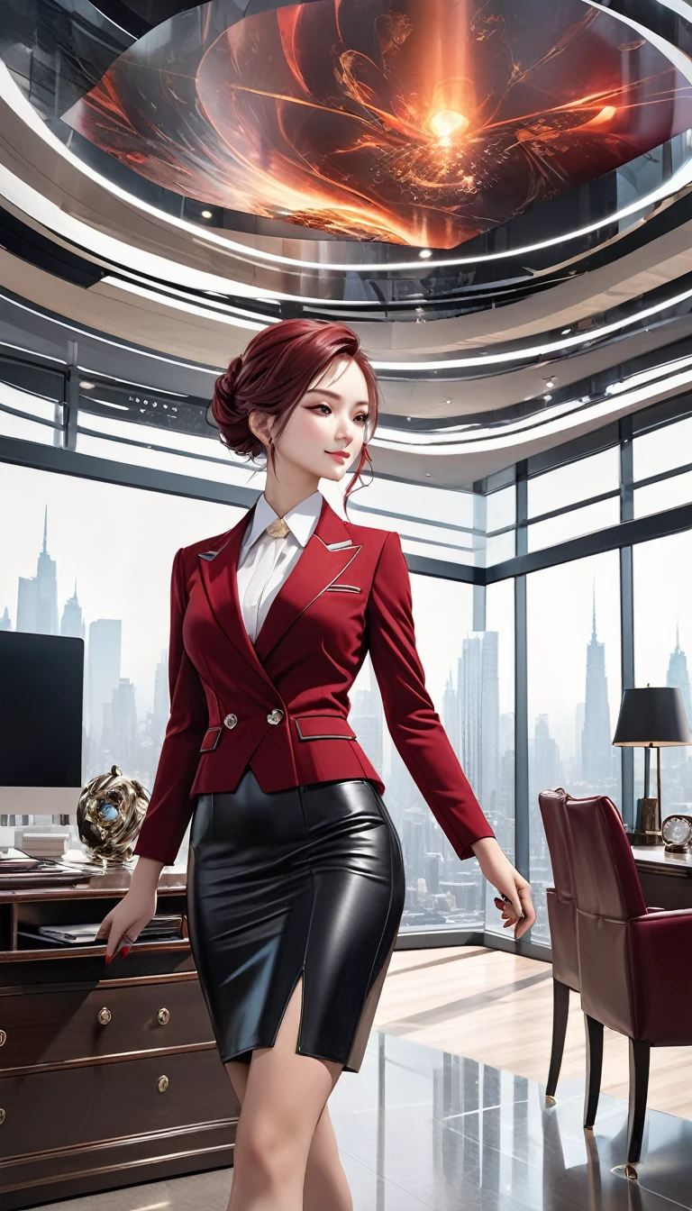 (best quality,4k,8k,highres,masterpiece:1.2),ultra-detailed,(realistic,photorealistic,photo-realistic:1.37),female CEO,red velvet blazer,short fit black pencil skirt,confident gaze,seductive smile,luxurious office,modern interior design,elegant hairstyle,well-manicured nails,high heels,immaculate makeup,expensive accessories,dominant posture,natural sunlight,city skyline view,powerful aura,vibrant red colors,sleek architecture,sharp focus on details,professional ambiance,successful businesswoman,sophisticated elegance,commanding presence,crafted wooden desk,leather chair,impressive artwork hanging on the wall,impeccable fashion sense,meticulously arranged files,steel and glass structure,reflection on glossy surfaces,gleaming silver accents,subtle shadow play,graceful movements,confidently walking,aura of mystery,empowered woman,limitless potential,breathtaking confidence,inspiring success,worldly achievement,unyielding determination,luxury lifestyle,entrepreneurial spirit,extraordinary vision