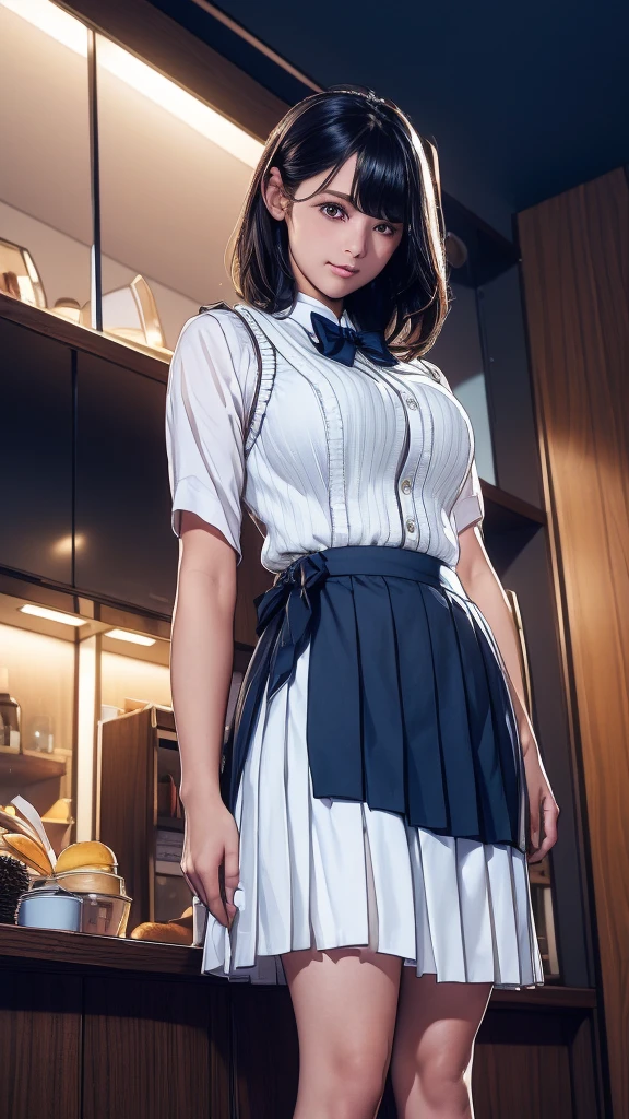 (masterpiece:1.2, Highest quality), (Realistic, photoRealistic:1.4), (Large Breasts:1.5), Beautiful illustrations, (Natural Side Lighting, Cinema Lighting), Written boundary depth, Looking at the audience, (Face Focus, Upper Body), Front view, 1 girl, Japanese, high school girl, , Perfect Face, Symmetrical cute face, Glowing Skin, (Bob Hair:1.7,Black Hair), Asymmetrical bangs, Big eyes, Droopy eyes, long eyelashes chest), thin, Beautiful Hair, Beautiful Face, Beautiful and beautiful eyes, Beautiful clavicle, Beautiful body, Beautiful breasts, Beautiful thighs, Beautiful feet, Beautiful fingers, ((Quality fabric texture, Brown knitted vest, Short sleeve white collar shirt, Navy Pleated Skirt, Navy bow tie)), (Beautiful views), evening, (Inside the flower shop), Are standing, (smile, Excellent, Open your mouth), (From below:1.5),(Poor horizon:1.5), (From below)