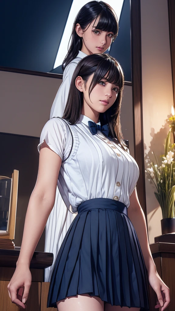 (masterpiece:1.2, Highest quality), (Realistic, photoRealistic:1.4), (Large Breasts:1.5), Beautiful illustrations, (Natural Side Lighting, Cinema Lighting), Written boundary depth, Looking at the audience, (Face Focus, Upper Body), Front view, 1 girl, Japanese, high school girl, , Perfect Face, Symmetrical cute face, Glowing Skin, (Bob Hair:1.7,Black Hair), Asymmetrical bangs, Big eyes, Droopy eyes, long eyelashes chest), thin, Beautiful Hair, Beautiful Face, Beautiful and beautiful eyes, Beautiful clavicle, Beautiful body, Beautiful breasts, Beautiful thighs, Beautiful feet, Beautiful fingers, ((Quality fabric texture, Brown knitted vest, Short sleeve white collar shirt, Navy Pleated Skirt, Navy bow tie)), (Beautiful views), evening, (Inside the flower shop), Are standing, (smile, Excellent, Open your mouth), (From below:1.5),(Poor horizon:1.5), (From below)