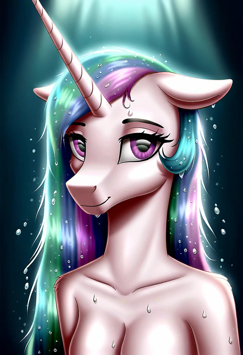 score_9, rating_safe, anthro pony princess celestia, portrait, wet mane, water flowing over face, droplets on skin