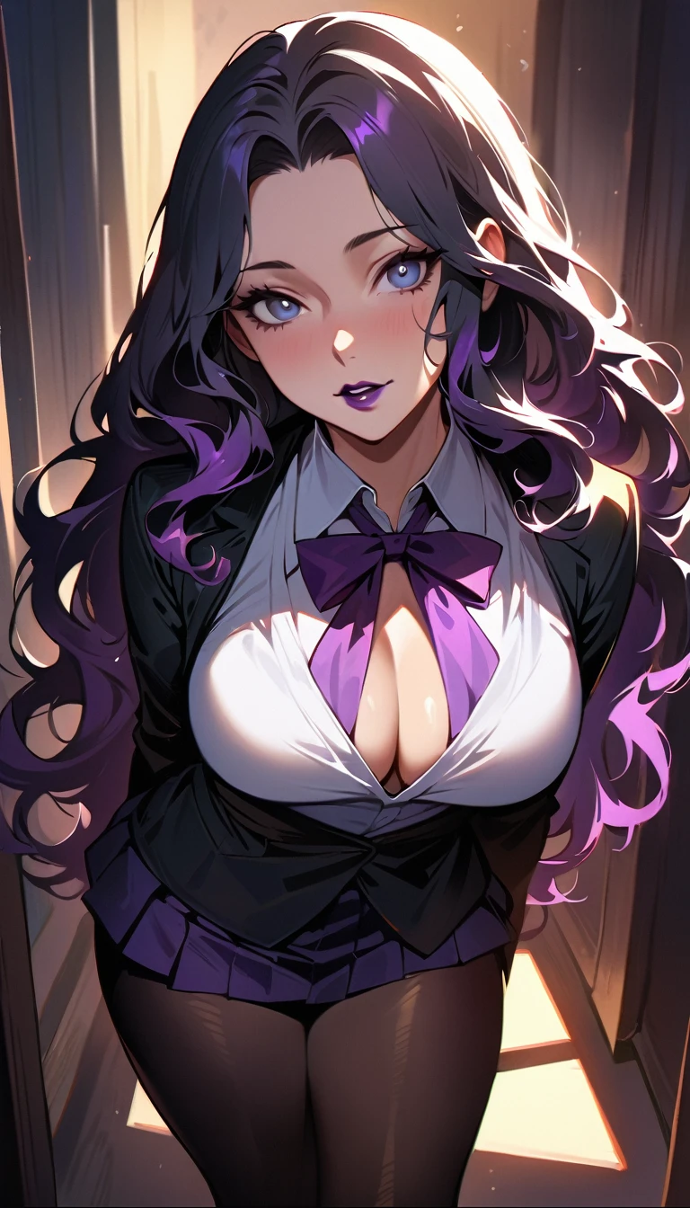 (high quality, 8k, 4K, high contrast, artwork:1.2, high quality, best aesthetics), (centered), ((1 woman)), erotic, sensual, mature female body, grown woman, super detailed, beautiful face detailed, beautiful eyes detailed, detailed beautiful mouth, (long black wavy hair), (purple streaks in her hair), (black eyes), (black eyeliner), (purple eyeshadow), (black lipstick), (relaxed expression), (simple white shirt with collar), (black jacket), (shirt buttons unbuttoned neckline), (purple bow tie), (black ruffle skirt), (black leggings), (standing), (front view), (looking at the viewer), (piercing gaze), (inside a classroom)