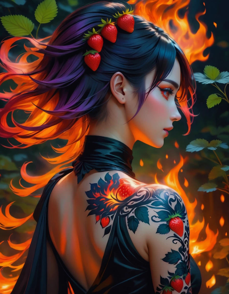 Arafed, Dark fantasy art, fantasy art, goth art, a picture of a tattoo on the back of a female elf, a glowing tattoo of a ((strawberry: 1.3)) on the elf's back, the ((strawberry tattoo: 1.3)) is vivid, intricate detailed, GlowingRunesAI_purple, ((fire surrounds the strawberry tattoo: 1.5)), shoot taken from the back, ((the back is visible: 1.3), she wears a transparent black dress, the dress is elegant, flowing, elven style, that the tattoos glow, dynamic hair color, dynamic hair style, vibrant, Ultra-high resolution, High Contrast, (masterpiece:1.5), highest quality, Best aesthetics), best details, best quality, highres, 16k, (ultra detailed: 1.5), masterpiece, best quality, (extremely detailed) RAW, (ultra details, Masterpiece, best quality) faize, Digital Painting,