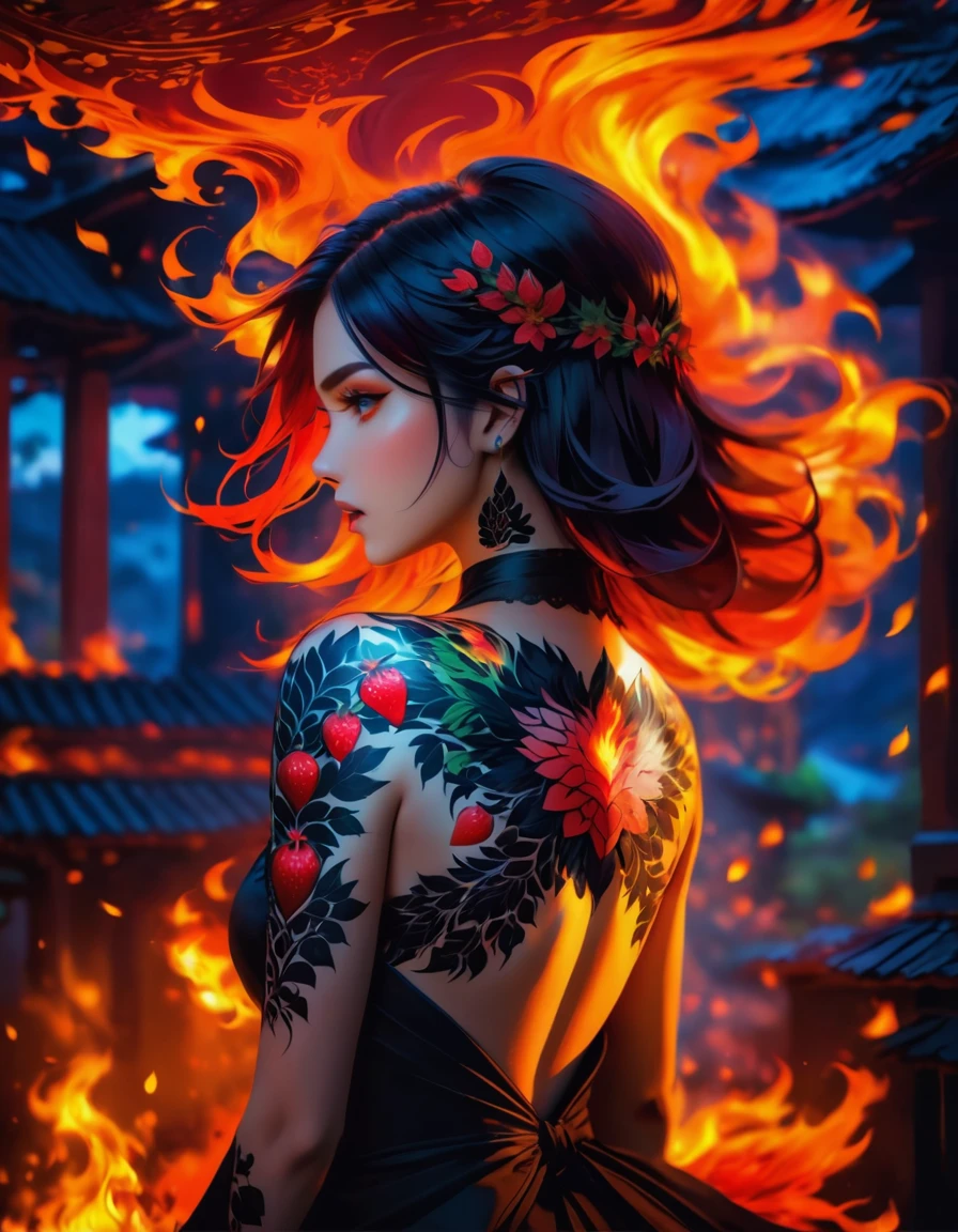 Arafed, Dark fantasy art, fantasy art, goth art, a picture of a tattoo on the back of a female elf, a glowing tattoo of a ((strawberry: 1.3)) on the elf's back, the ((strawberry tattoo: 1.3)) is vivid, intricate detailed, GlowingRunesAI_purple, ((fire surrounds the strawberry tattoo: 1.5)), shoot taken from the back, ((the back is visible: 1.3), she wears a transparent black dress, the dress is elegant, flowing, elven style, that the tattoos glow, dynamic hair color, dynamic hair style, vibrant, Ultra-high resolution, High Contrast, (masterpiece:1.5), highest quality, Best aesthetics), best details, best quality, highres, 16k, (ultra detailed: 1.5), masterpiece, best quality, (extremely detailed) RAW, (ultra details, Masterpiece, best quality) faize, Digital Painting,