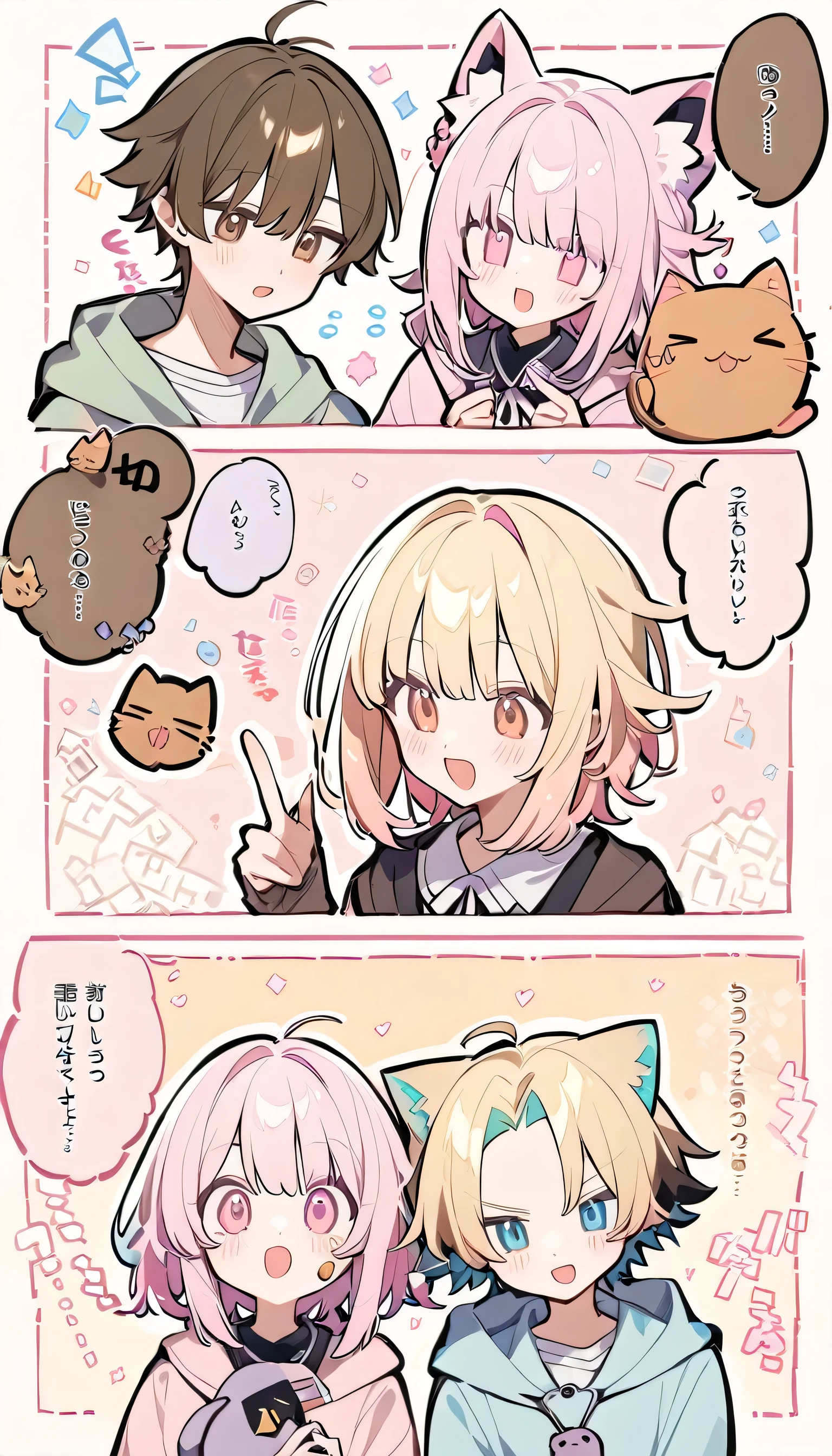 Popular Girl, Blonde, Pastel pink color. And a cunning cat boy with long brown hair.
