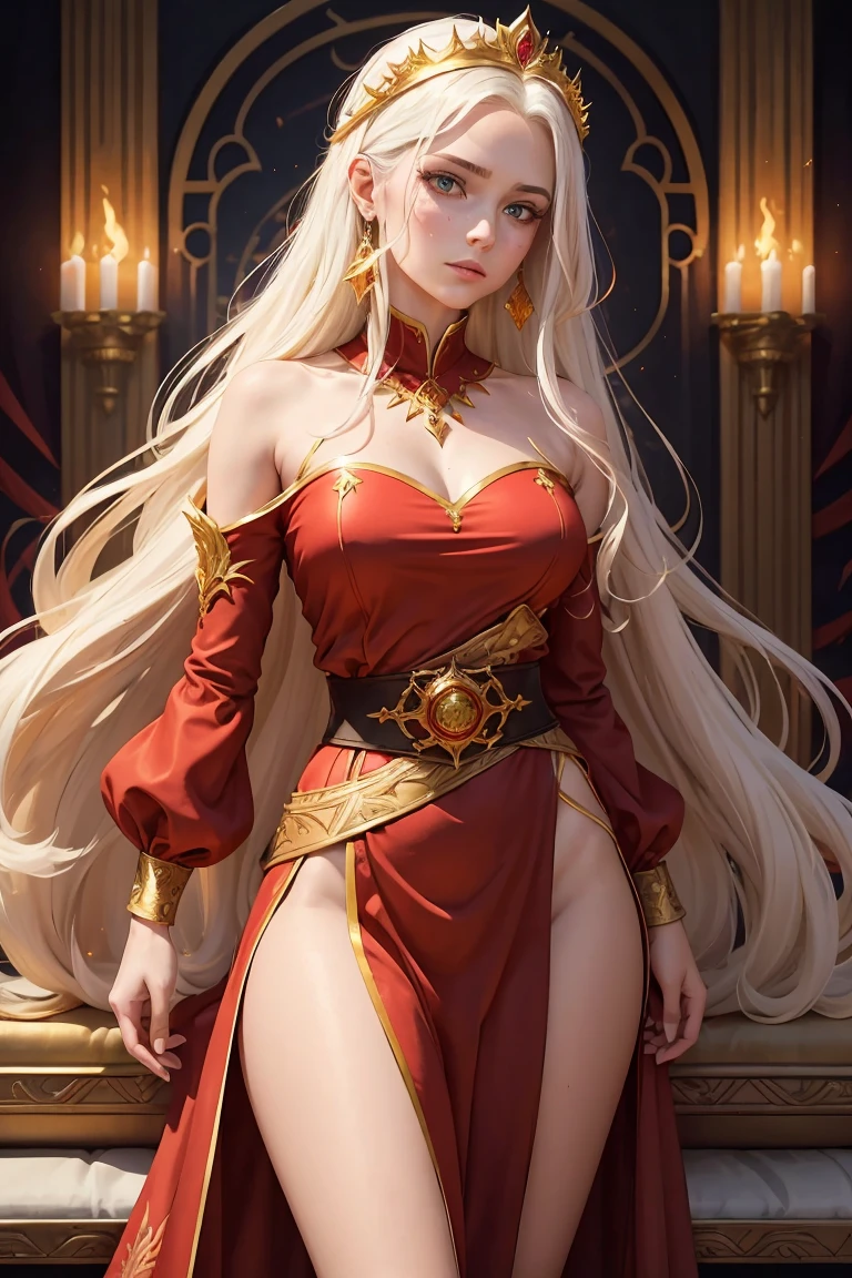 Apparent age: 18 yearsAppearance: Celeste is a young woman with wavy white hair that falls to her waist.. Your amber eyes shine brightly, standing out on your delicate face. Your skin is pale and flawless, with light freckles and a soft scar on her cheek, adding intensity to your deep gaze.vestimentas: Celeste wears a long red silk tunic, fitted with a golden belt decorated with flame and phoenix emblems. The tunic has gold embroidery along the sleeves and hem., representing moving flames. Accessories include a gold tiara with red gems, gold and ruby phoenix earrings, and gold bracelets with flame details.layer: Its light, shiny cover is made from fine fabric that sparkles like fire, red with gold edges and flame patterns that look alive.Scenario: Celeste is in the grand throne room of the Ignis palace, a vast environment with high ceilings and phoenix murals. The walls have tapestries depicting the family's history and their connections to the phoenix.. The room is lit by torches and braziers, with a majestic golden throne inlaid with red precious stones and decorated with the symbol of the phoenix. The floor is covered in red and gold carpets, and dark wood furniture with gold accents reflects the flame and phoenix theme.Position: Celeste is standing next to the throne, in a confident and graceful posture, reflecting your royal lineage and special gifts. His tunic and cape stand out, giving the impression that she is enveloped in living flames.
