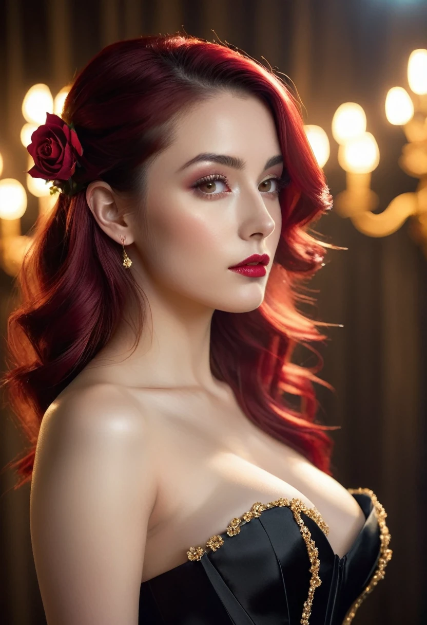 Twilight lady, beautiful and mysterious woman, a work of art of beauty, realistic and sharp focus, body from the knee up, wearing elegant. Professionally retouched, soft lighting, realistic and smooth face, perfect eyes, sharp focus on eyes, 8k, high definition, incredibly detailed, complex, elegant Ruby and gold earrings and necklace. on a dark background with white flowers drefocused in studio, long red hair, spotlight of yellow light for the flowers, Nikon D7000 camera, 35mm lens, f22, speed 125sec, striking face, expressive and crystalline amber eyes, black floral tulle veil with embroidered edges gold, bright red satin corset, detailed and intricate, draped black skirt, light fabric, with small red roses at the waist, dynamic pose. Full HD.