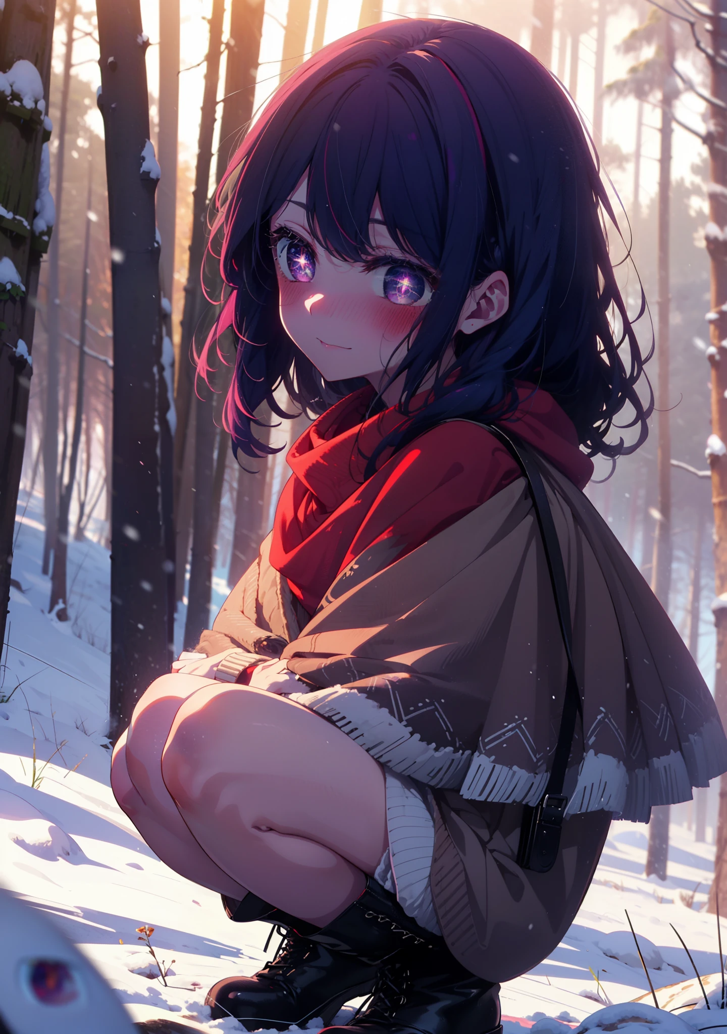 aihoshino, Ai Hoshino, Long Hair, bangs, (Purple eyes:1.1), Purple Hair, (Symbol-shaped pupil:1.5), smile,,smile,blush,white breath,
Open your mouth,snow,Ground bonfire, Outdoor, boots, snowing, From the side, wood, suitcase, Cape, Blurred, , forest, White handbag, nature, Squat, Mouth closed, Cape, winter, Written boundary depth, Black shoes, red Cape break looking at viewer, Upper Body, whole body, break Outdoor, forest, nature, break (masterpiece:1.2), Highest quality, High resolution, unity 8k wallpaper, (shape:0.8), (Beautiful and beautiful eyes:1.6), Highly detailed face, Perfect lighting, Extremely detailed CG, (Perfect hands, Perfect Anatomy),