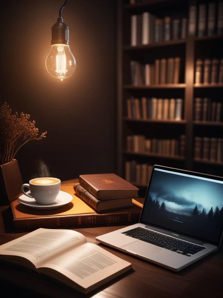 a cozy study scene with psychology and communication books, an open laptop, a cup of coffee, in a moody night environment, (best quality,4k,8k,highres,masterpiece:1.2),ultra-detailed,(realistic,photorealistic,photo-realistic:1.37),cinematic lighting,dramatic shadows,warm color tones,intricate details,elegant composition,studying psychology,communication theory,open book,open laptop,steaming coffee,wood desk,warm lighting,moody atmosphere