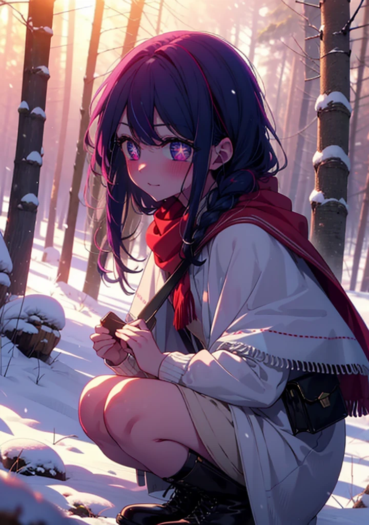 aihoshino, Ai Hoshino, Long Hair, bangs, (Purple eyes:1.1), Purple Hair, (Symbol-shaped pupil:1.5), smile,,smile,blush,white breath,
Open your mouth,snow,Ground bonfire, Outdoor, boots, snowing, From the side, wood, suitcase, Cape, Blurred, , forest, White handbag, nature,  Squat, Mouth closed, Cape, winter, Written boundary depth, Black shoes, red Cape break looking at viewer, Upper Body, whole body, break Outdoor, forest, nature, break (masterpiece:1.2), Highest quality, High resolution, unity 8k wallpaper, (shape:0.8), (Beautiful and beautiful eyes:1.6), Highly detailed face, Perfect lighting, Extremely detailed CG, (Perfect hands, Perfect Anatomy),