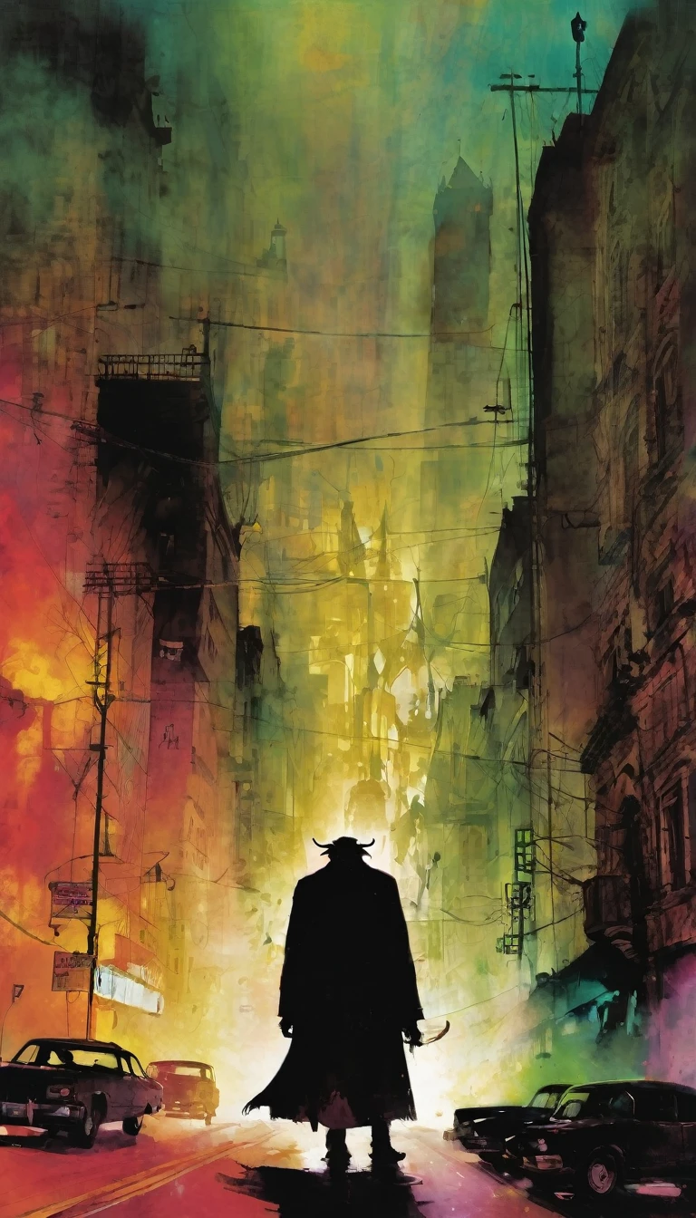 city of demons, art inspired by Bill Sienkiewicz and Dave McKean.